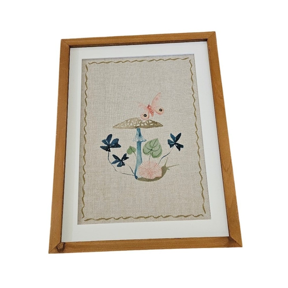 Vintage Mushroom Butterfly Needlepoint Framed Wall Art Cottagecore Wood Frame